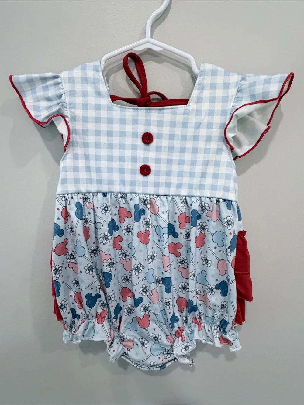 Baby Girl Gingham & Mickey Print Romper - Red & Light Blue